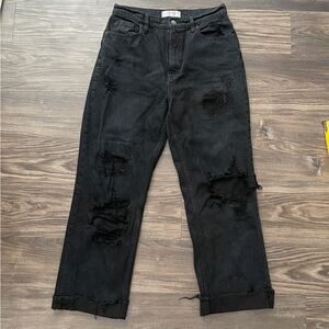 We The Free Black Distressed Straight Leg Jeans | Raw Hem | High Rise